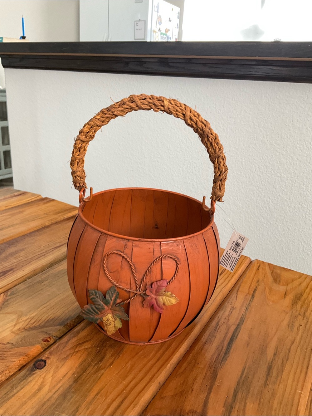 Autumn Orange Decorative Metal Basket with Woven Handle